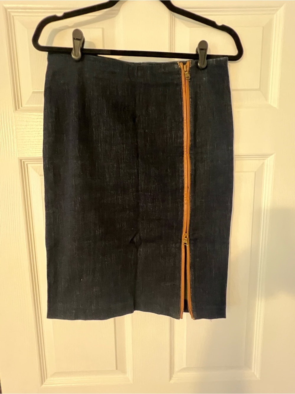 Ralph Lauren Dark Blue Denim Pencil Skirt with Contrasting Tan Zipper
